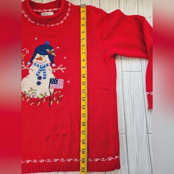 Vintage Embroidered Knit Snowmen and Flag Mock Neck Sweater in Red & White Sz Sm - Picture 8 of 11